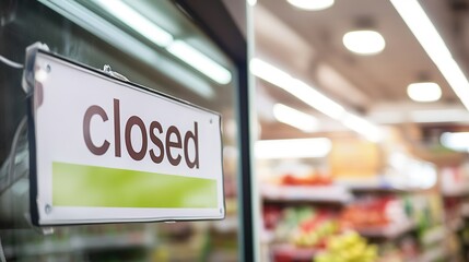 Sign displaying closure amid bright, inviting grocery store inte