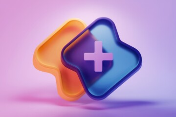 Obraz premium Abstract 3D render of overlapping colorful shapes featuring a plus sign, symbolizing addition or positivity.