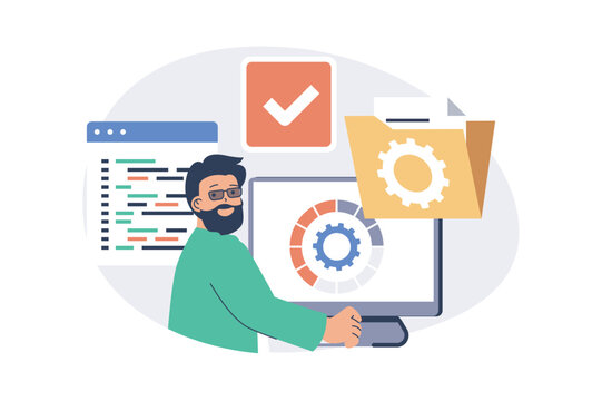 System administrator web concept with flat cartoon people for website design. Man doing optimization to programs of server infrastructure, fixing program code and monitoring. Vector illustration.