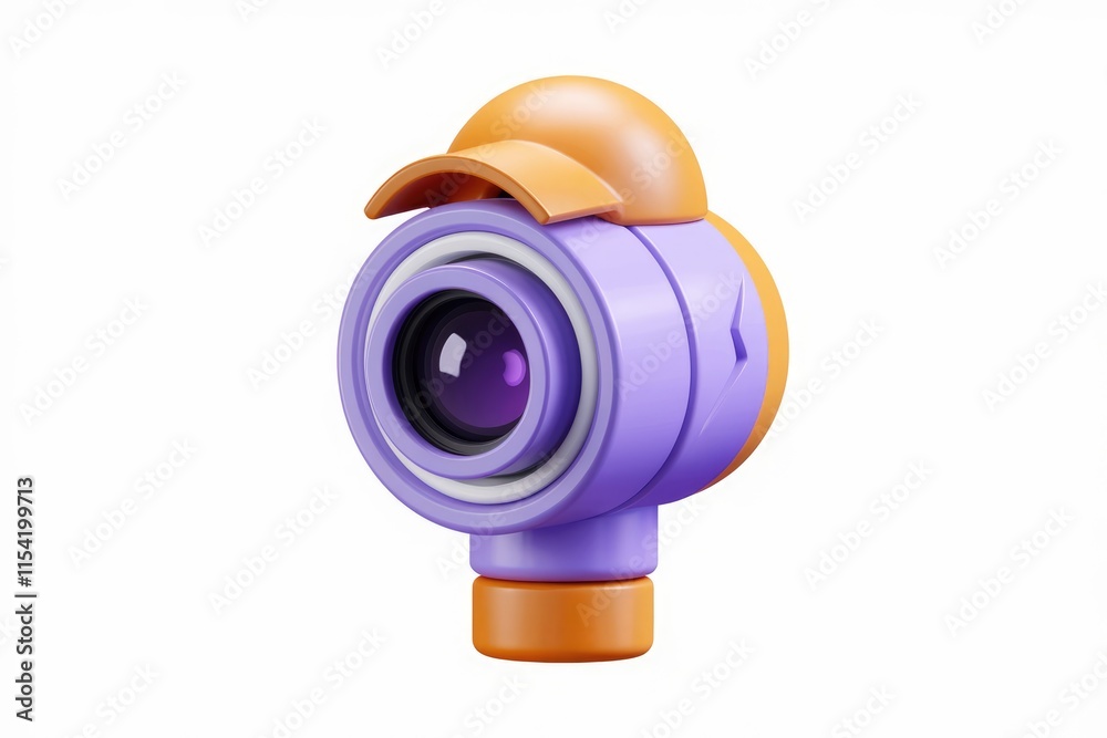 Poster a stylized 3d render of a purple and orange camera with a cap-like visor.