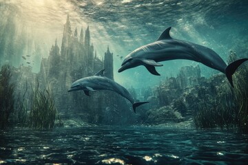 Obraz premium Dolphins Swim Past Sunlit Submerged Castle Ruins