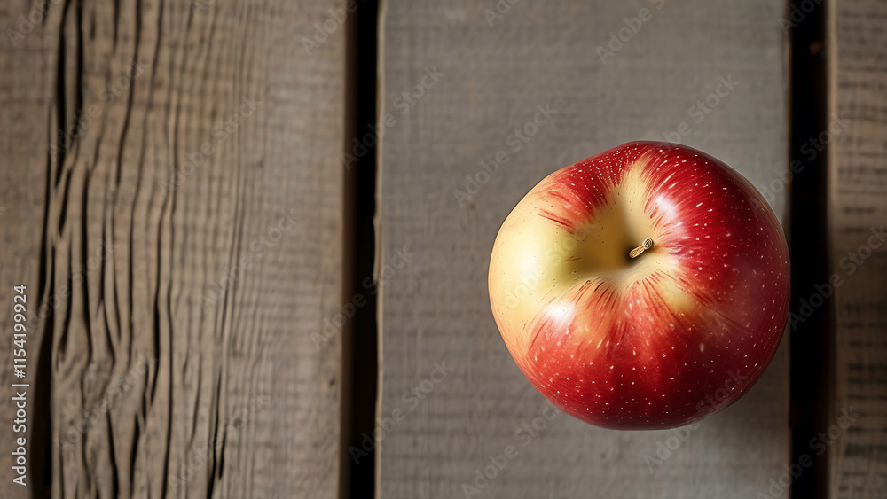 Wall mural Single red apple on weathered wooden surface.  Concept of healthy eating, freshness, and natural food.