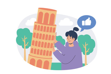 Travel and tourism web concept with flat cartoon people for website design. Woman visiting Italy and enjoying landmarks and architecture, sightseeing leaning tower of Pisa. Vector illustration.