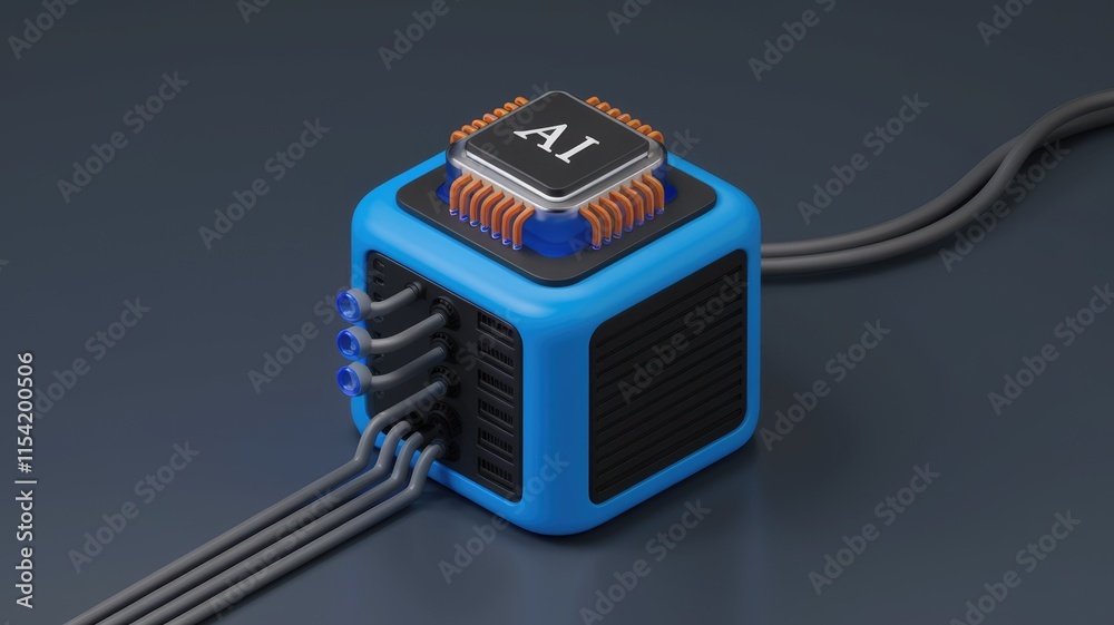 Aufkleber A futuristic blue AI processor cube with multiple connections, symbolizing advanced technology and artificial intelligence.