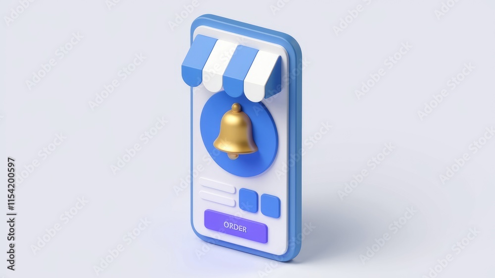 Poster mobile app notification of order confirmation with a golden bell icon and a striped awning.