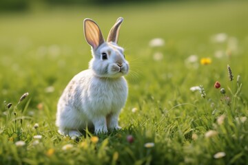 there is a white rabbit sitting in the grass with flowers