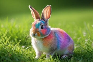 there is a rabbit with a rainbow colored face sitting in the grass