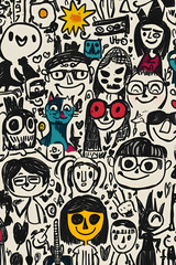 Diverse Doodle Crowd Joyful Expressions Background Design Social Media Post.