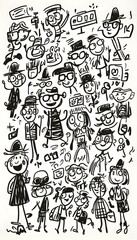 Diverse Doodle People Crowd Illustration, Background Activities, Website Design.