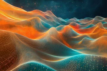 Fototapeta premium Abstract Digital Data Landscape: Flowing Waves and Grid Patterns