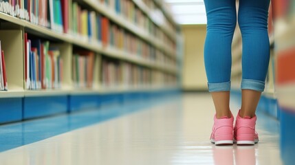Person in Pink Sneakers Standing in Library Aisle Surrounded by Books
