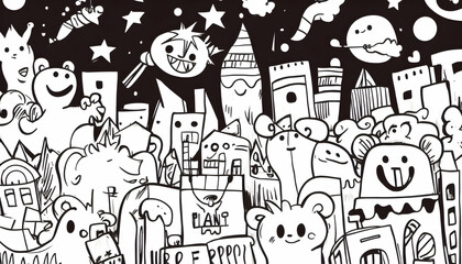 Doodle City Night whimsical monsters, buildings, and stars; whimsical illustration, perfect for kids' books or apparel.