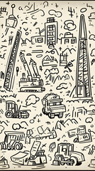 Fototapeta premium Doodle Cityscape Construction Vehicles & Urban Development Illustration.