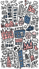 Doodle Cityscape Illustration Buildings, Icons, Background, Design, Urban,  Kids,  Art,  Graphic,  Website.