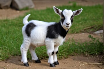 there is a small goat standing on the ground in the grass