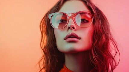 Obraz premium Fashionable woman in red glasses with vibrant makeup
