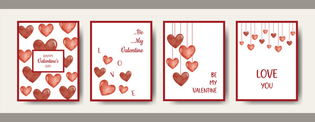 Watercolor Valentine’s Day Card collection with Red Hearts. Romantic Greeting Card for Valentine’s Day, Anniversary, and Print Use.