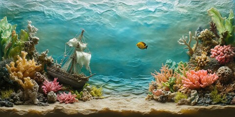 Sunken Shipwreck Amidst Vibrant Coral Reef Scene