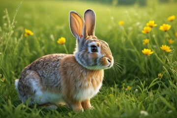Naklejka premium there is a rabbit that is sitting in the grass with flowers