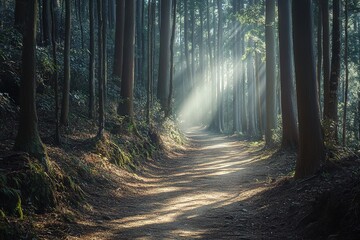 Obraz premium Sunlight pierces through tall trees, illuminating serene forest