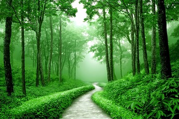 Obraz premium Serene Pathway Through Lush Green Forest Landscape in Fog