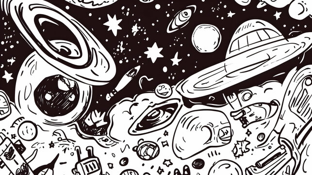 Doodle Space Alien UFO Planets Galaxy Background Illustration Design.