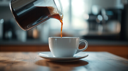Pouring freshly brewed coffee into a white cup at a cozy kitchen. 
