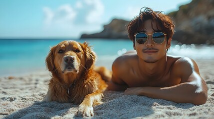 Beach Bliss: Man and Dog Relax on Sandy Shore