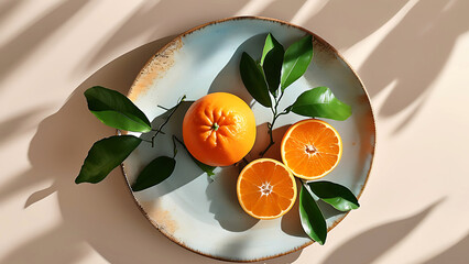 Top view of fresh oranges with green leaves on a rustic plate.  Healthy eating, vitamin C, citrus fruit concept.