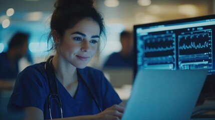 Healthcare worker reviews medical charts and patient information on a laptop while at work