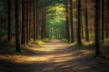Fototapeta premium Sunlight filters through tall trees, illuminating serene forest