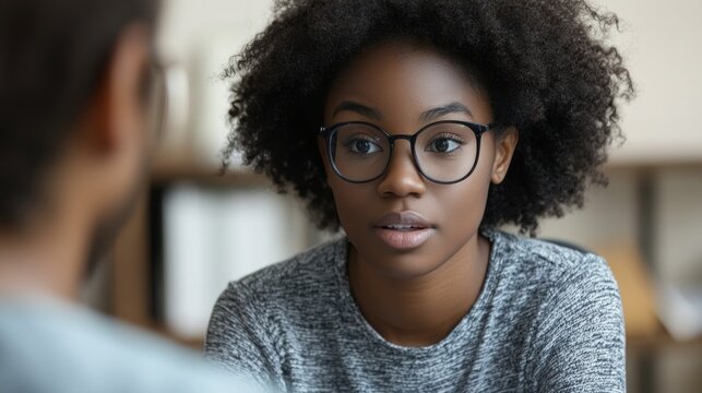 A woman listens intently, showing engagement during a heartfelt discussion in a cozy setting