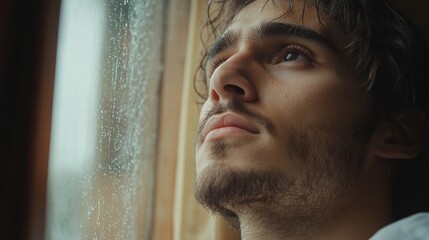 A man looks thoughtfully out a window as rain falls, lost in his thoughts during a serene moment