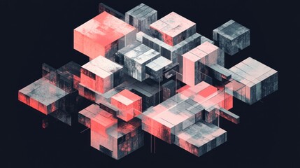 Abstract 3D geometric structure with red and gray cubes.