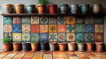 Colorful Pottery Plants and Tile Backsplash Arrangement