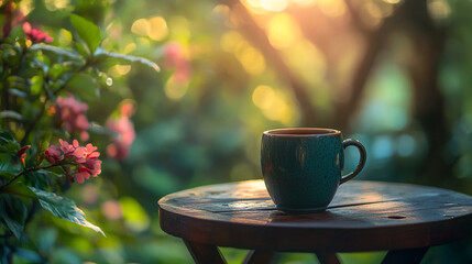 Relaxing morning with a cup of coffee in a blooming garden setting. 