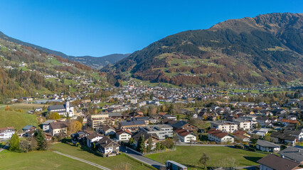 Fototapeta premium The village of Tschagguns in the Montafon Valley with Schruns in the background, State of Vorarlberg, Austria, Drone Photography
