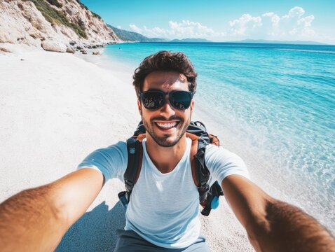 Man taking selfie on beach