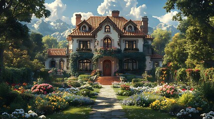 Fototapeta premium Luxurious house with a beautiful garden and mountains in the background.