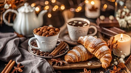 Cozy autumn scene with hot chocolate, croissants, and spices.