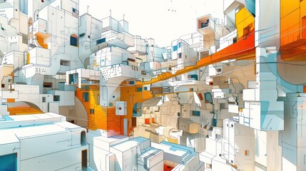 Abstract futuristic city with interconnected buildings and vibrant colors.