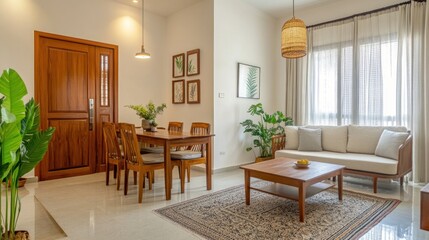 Modern minimalist living and dining area with wooden furniture, plants, and neutral color palette.