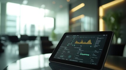 Close-up of a tablet displaying business analytics and financial data in a sleek office environment