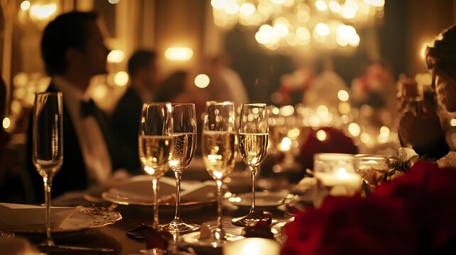 An elegant table setup with champagne glasses as people gather to toast to success and good fortune