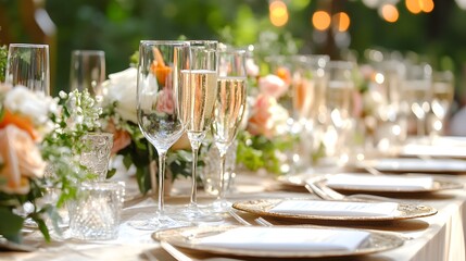 An elegant table setup with champagne glasses as people gather to toast to success and good fortune