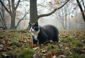 A black and white cat stands in a foggy autumn forest.