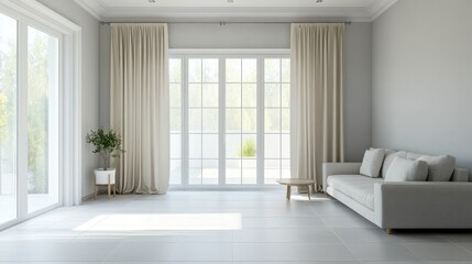 Bright, minimalist living room with beige sofa, curtains, and large windows.