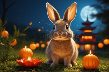 Obraz premium there is a rabbit sitting in the grass with pumpkins