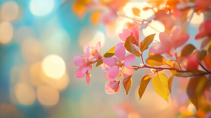 Obraz premium Cherry blossoms bloom in soft spring light at a tranquil garden setting. 