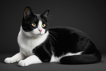 Fototapeta premium there is a black and white cat sitting on a black surface